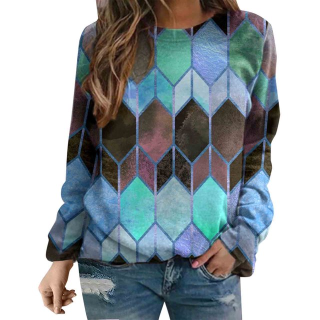 Gibobby Sudaderas con cremallera Sudadera de cuello redondo con estampado diario para mujer, de cuello redondo, camisetas de entrenamiento informales de manga larga, piojo sue(Azul, S)