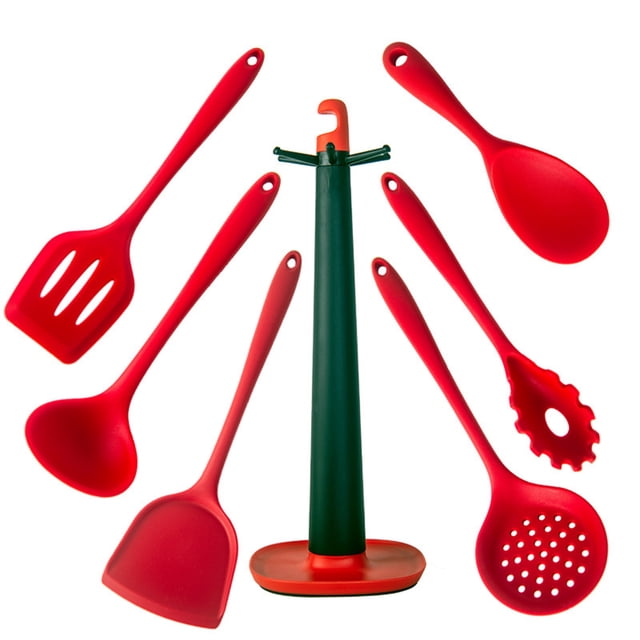 Silicone Spatula Set 7 Piece Heat Resistant Food Grade For Non Stick Pans Including Rice Spoon Soup Ladle Strainer Frying Spatula