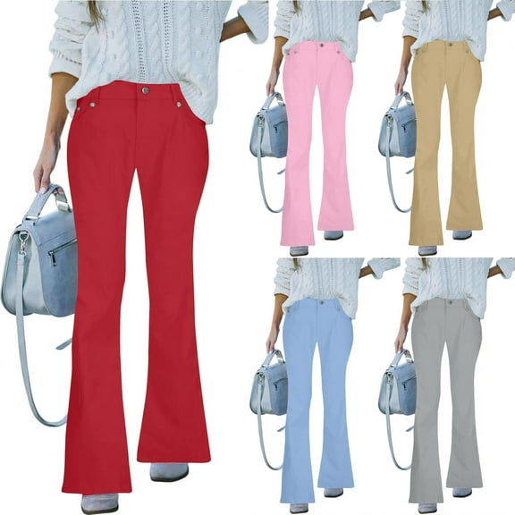 Jacenvly New Trousers for Women Long Pants Casual Solid Comfort Waist Flare Pants Mid Waist Stretch Fabric Comfort Waist Plus Size Jeans Pocket Gray XL