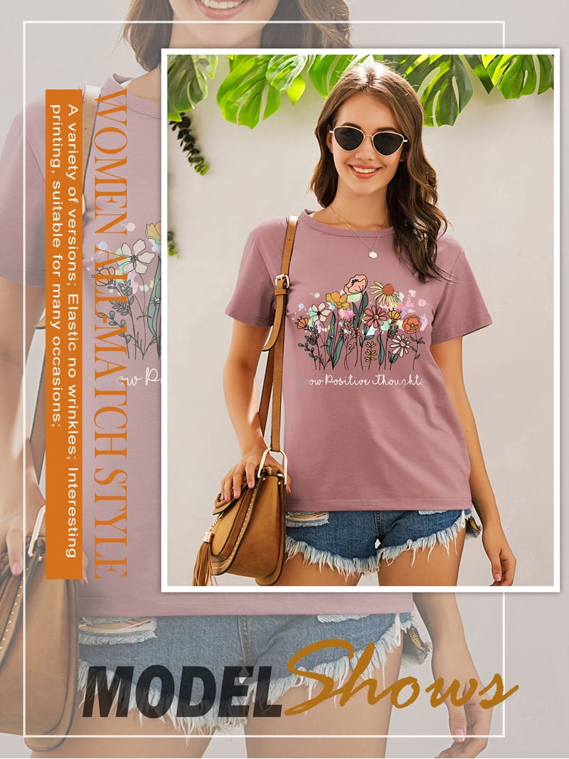 ZXSXSY Women's Graphic Tees Positive Thoughts Floral Letter Print