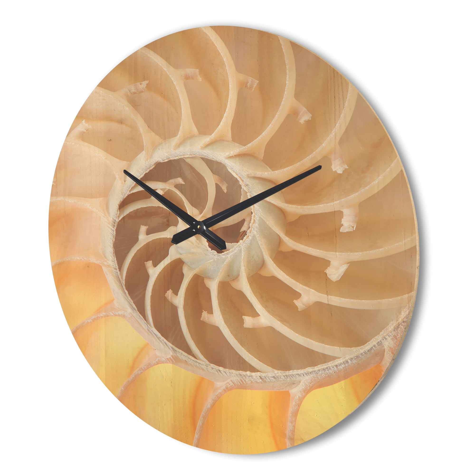 Designart 'Golden Nautilus Seashell Pattern ' Modern Wood Wall Clock
