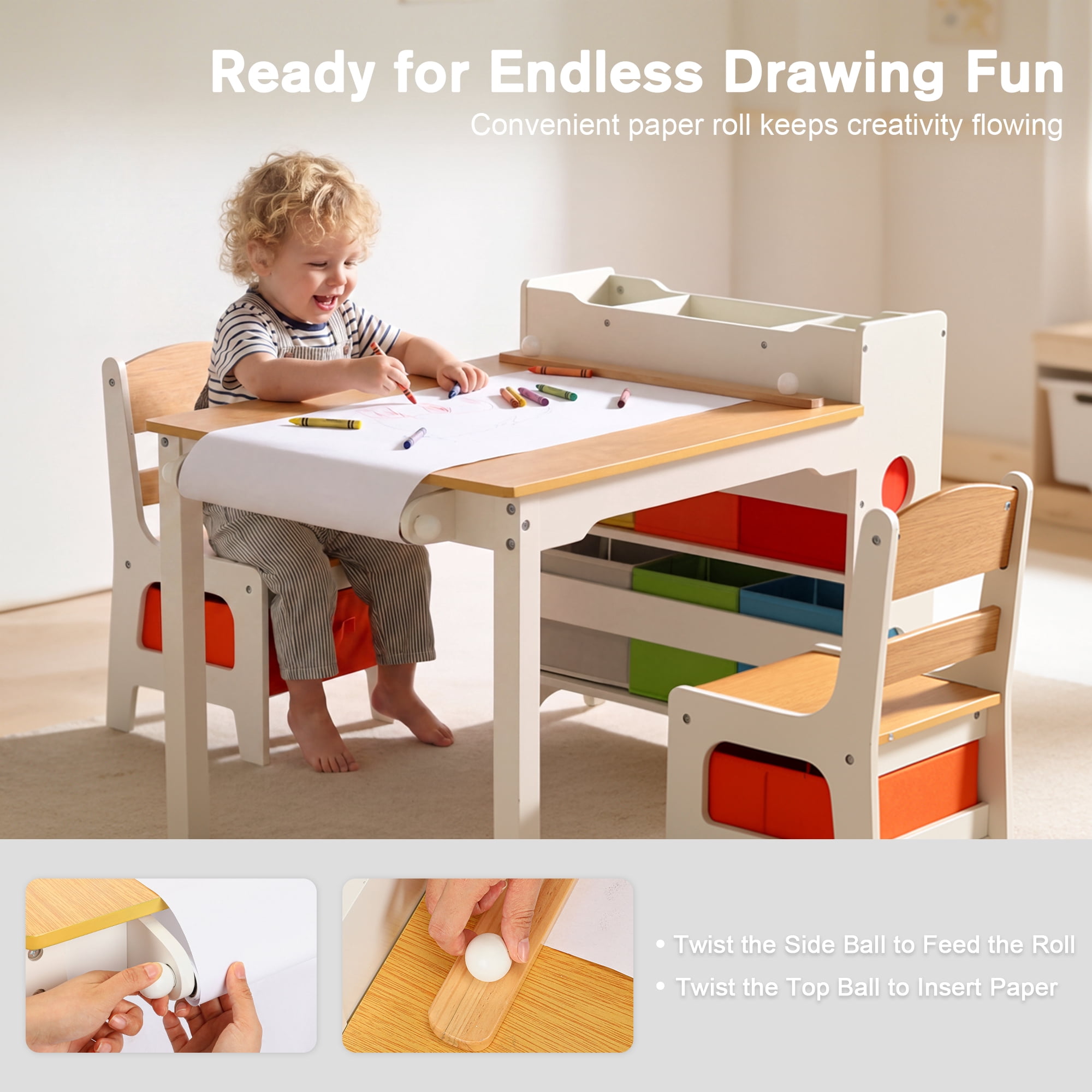 LINLUX Kids Art Table w/Easel, Kids Craft Table & Chair Set for Drawing, Child Activity Table, Natural