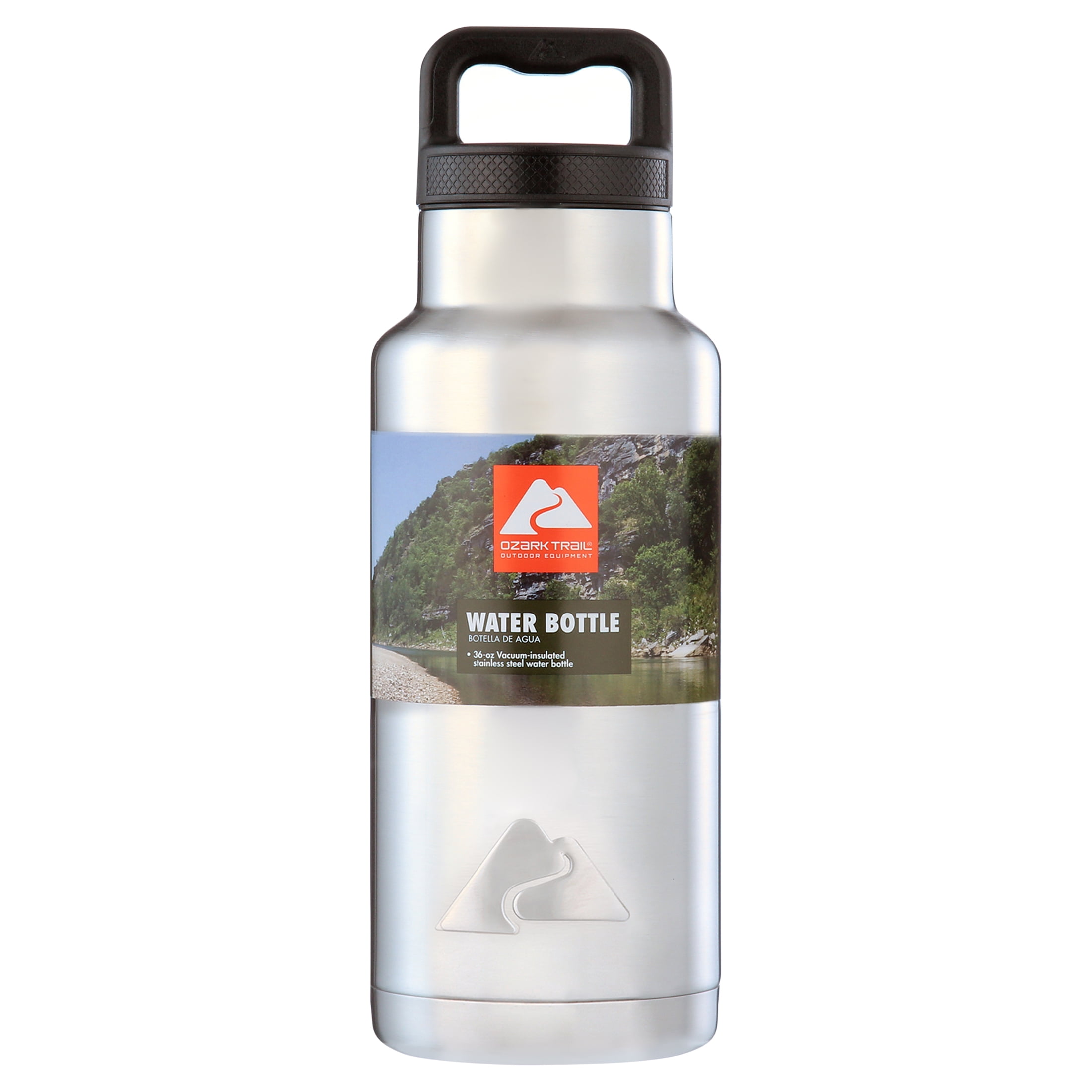 (2 pack) Ozark Trail 36 oz Stainless Steel Insulated Water Bottle with Wide Mouth Lid, Silver and Black
