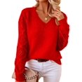 thumbnail image 2 of Women V Neck Knit Hollow Openwork Lantern Long Sleeve Ribbed Cuff Loose Fit Knit Pullover Sweater Red S, 2 of 8