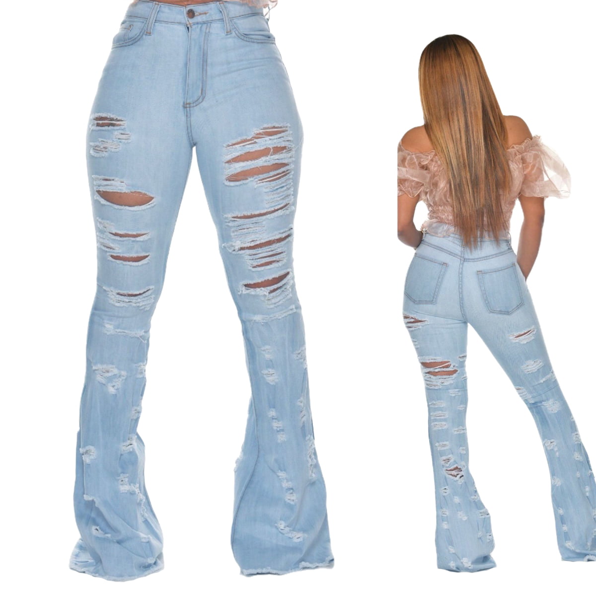 optional Grudge Incorporate Carolilly Women's Fashion Ripped Jeans Long Fringed Flared Light Blue Denim  Pants - Walmart.com