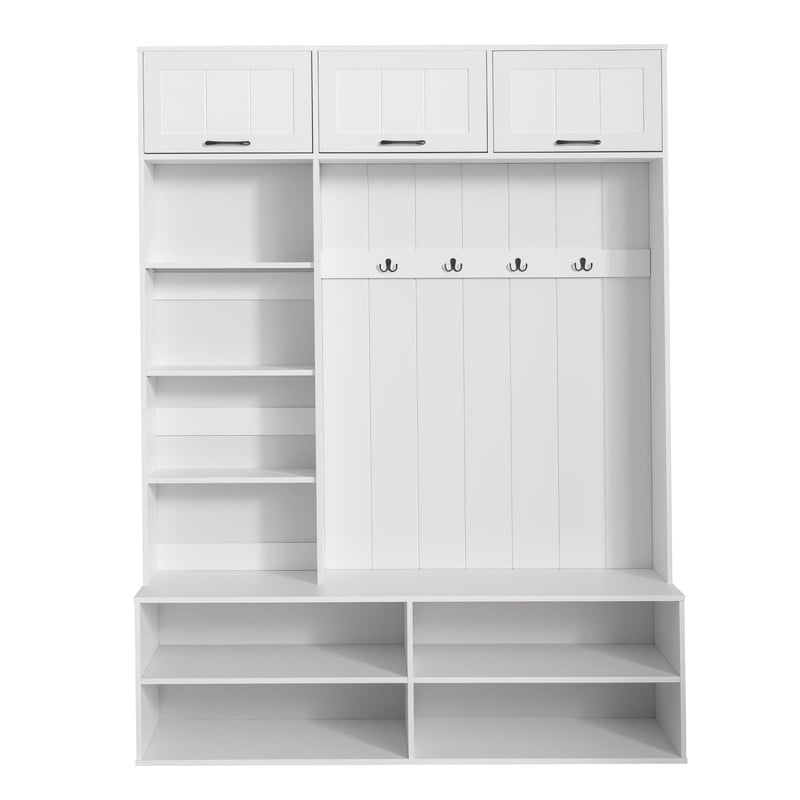 Farmhouse Hall Tree with Bench and Shoe Storage, 5-in-1 Entryway Bench with Coat Rack, Modern Entryway Storage Organizer Cabinet with 4 Hooks for Hallway, Entryway