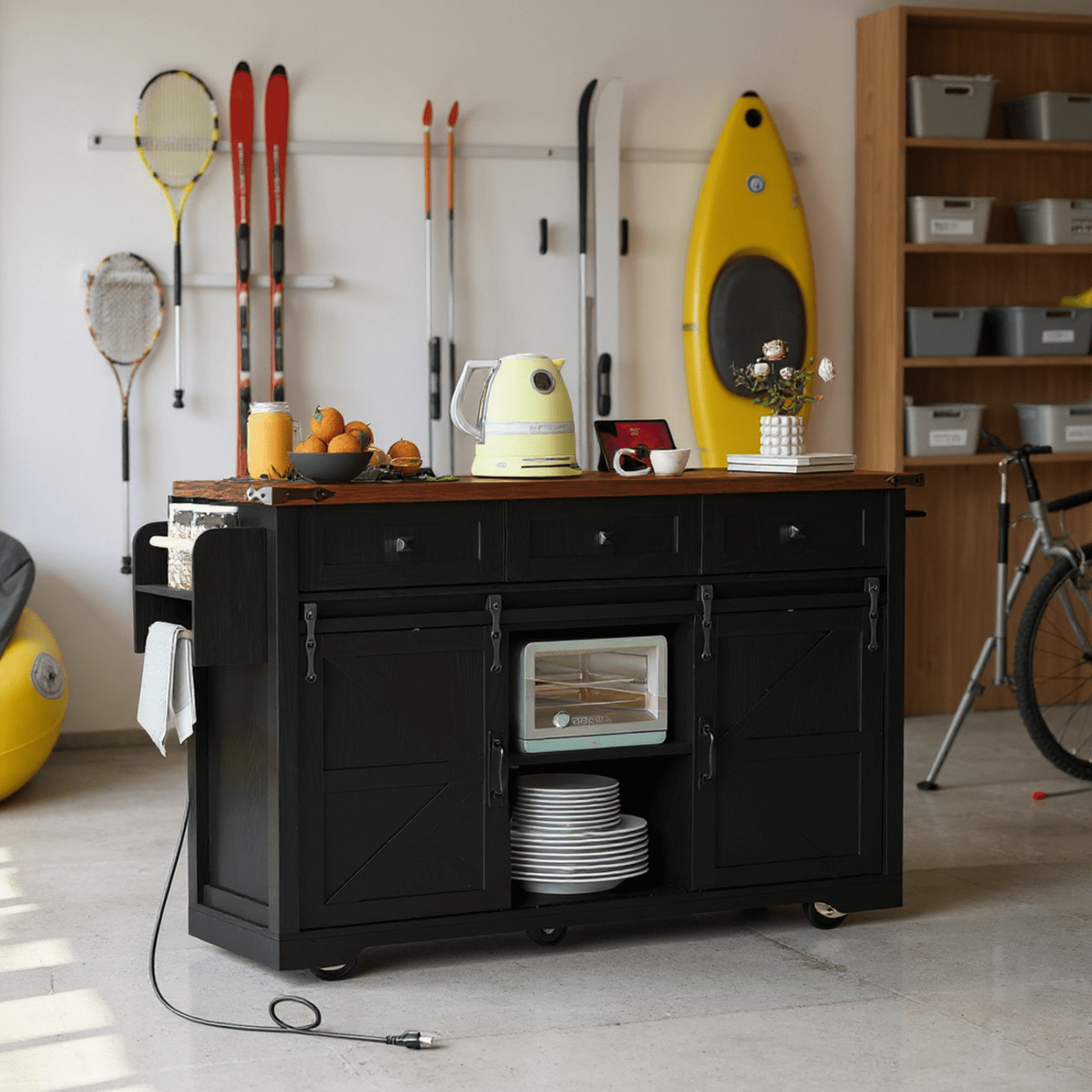 Homy Casa 53.8" Black Garage Storage Cabinet with Sliding Barn Doors, Power Outlets, Adjustable Shelves
