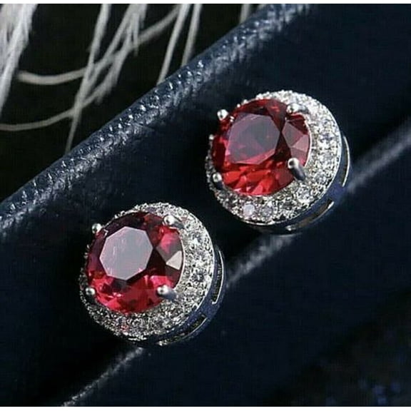 Women's Round Red Ruby & Diamond 14K White Gold Plated Halo Stud Earrings