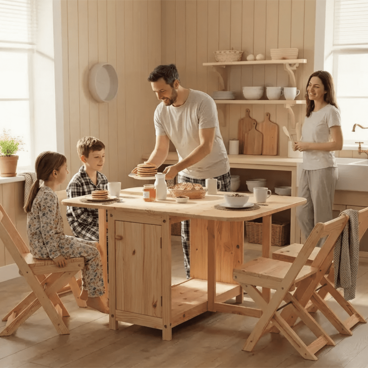 Solid Wood Foldable Table and 4 Chairs Set with Storage