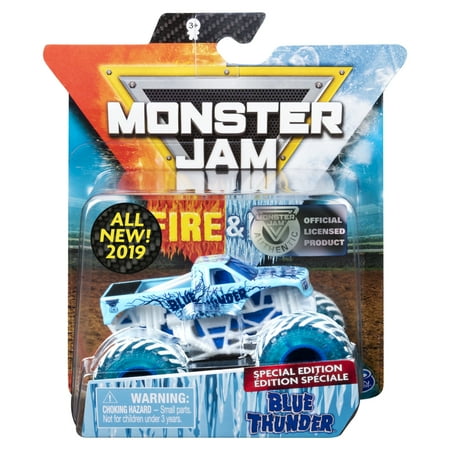 Monster Jam, Fire & Ice Blue Thunder Monster Truck, Die-Cast Vehicle, Walmart Exclusive, 1:64 Scale