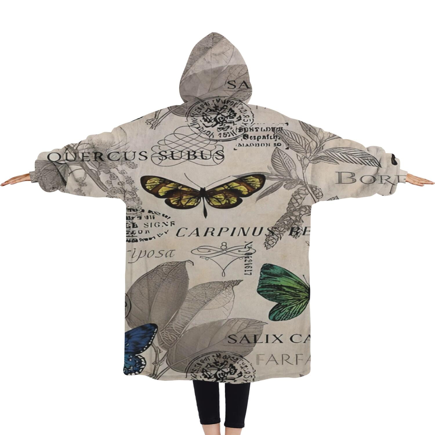 Oversized Wearable Blanket Hoodie,Butterfly Leaf Text Pattern Sherpa Blanket Hoodie with Super Pockets,Super Warm Fuzzy Pullover for Women & Men