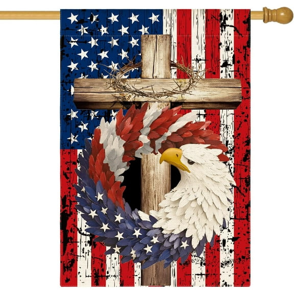 Patriotic Stars and Stripes Eagle Wreath House Flag 28x40 Inch Double Sided Outside, USA 4th of July Memorial Day Independence Day Watercolor Yard Outdoor Decoration