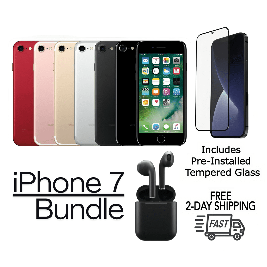 Restored Apple iPhone 7 A1660 (Fully Unlocked) 32GB Rose Gold Bundle with Pre-Installed Tempered Glass and Bluetooth Earbuds (Refurbished)