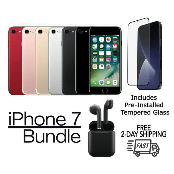 Refurbished Apple iPhone 7 A1660 (Fully Unlocked) 32GB Jet Black (Grade A+) Bundle with Pre-Installed Tempered Glass and Bluetooth Earbuds