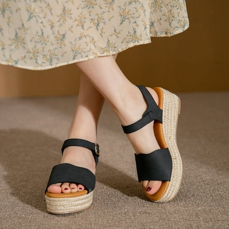 

〖Yilirongyumm〗 Black 39 Sandals Women Wedges Open Breathable Women Shoes Beach Comfortable Toe Fashion Sandals Summer Weave Women s Sandals