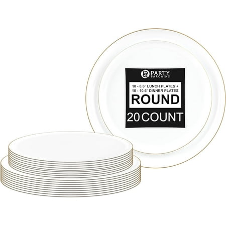 

Disposable White Gold Rim Dinner Plates 10 Plates each 8.6 and 10.6 Heavy Duty Plastic Edge Collection Tableware Dish Platter for Catering Events