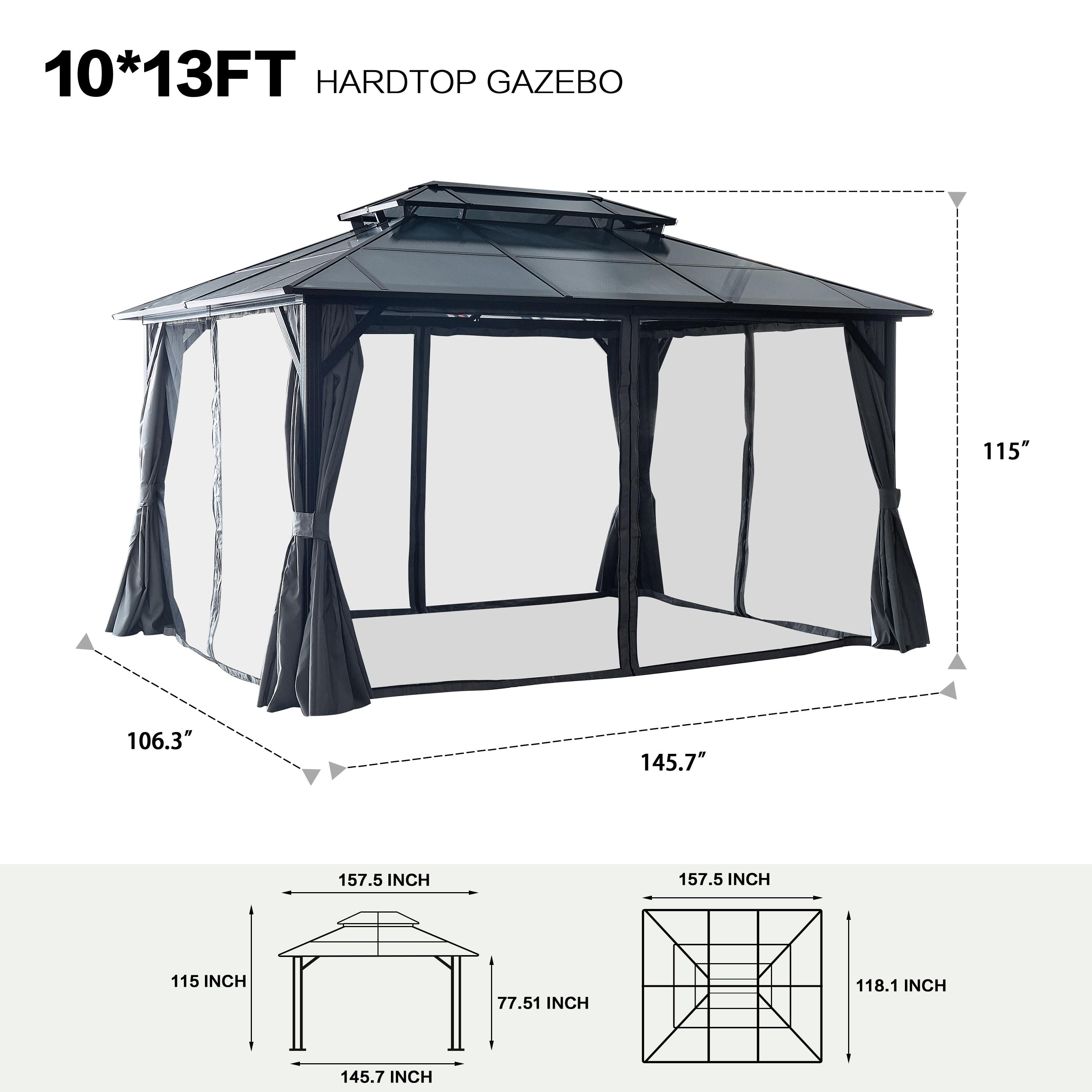 10'x13' Hardtop Gazebo, Outdoor Patio Gazebo with Polycarbonate Double Roof, Permanent Gazebo Pavilion with Curtain and Netting for Patio, Deck, Backyard, Black