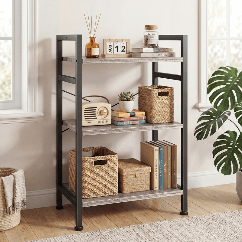 Gianna 3 Tier Bookshelf, Free Standing Shelf, Bookcase Shelf Storage Organizer, Industrial Book Shelves for Home Office, Living Room, Kitchen, Gray