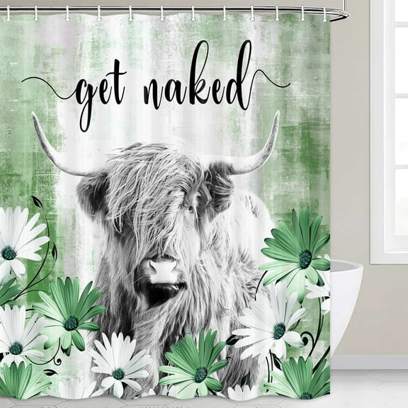 Sage Green Flower Floral Shower Curtain, Farmhouse Western Cow Shower Curtain Set, Get Naked Abstract Highland Cow Waterproof Fabric Shower Curtains for Bathroom 72x72 Inch