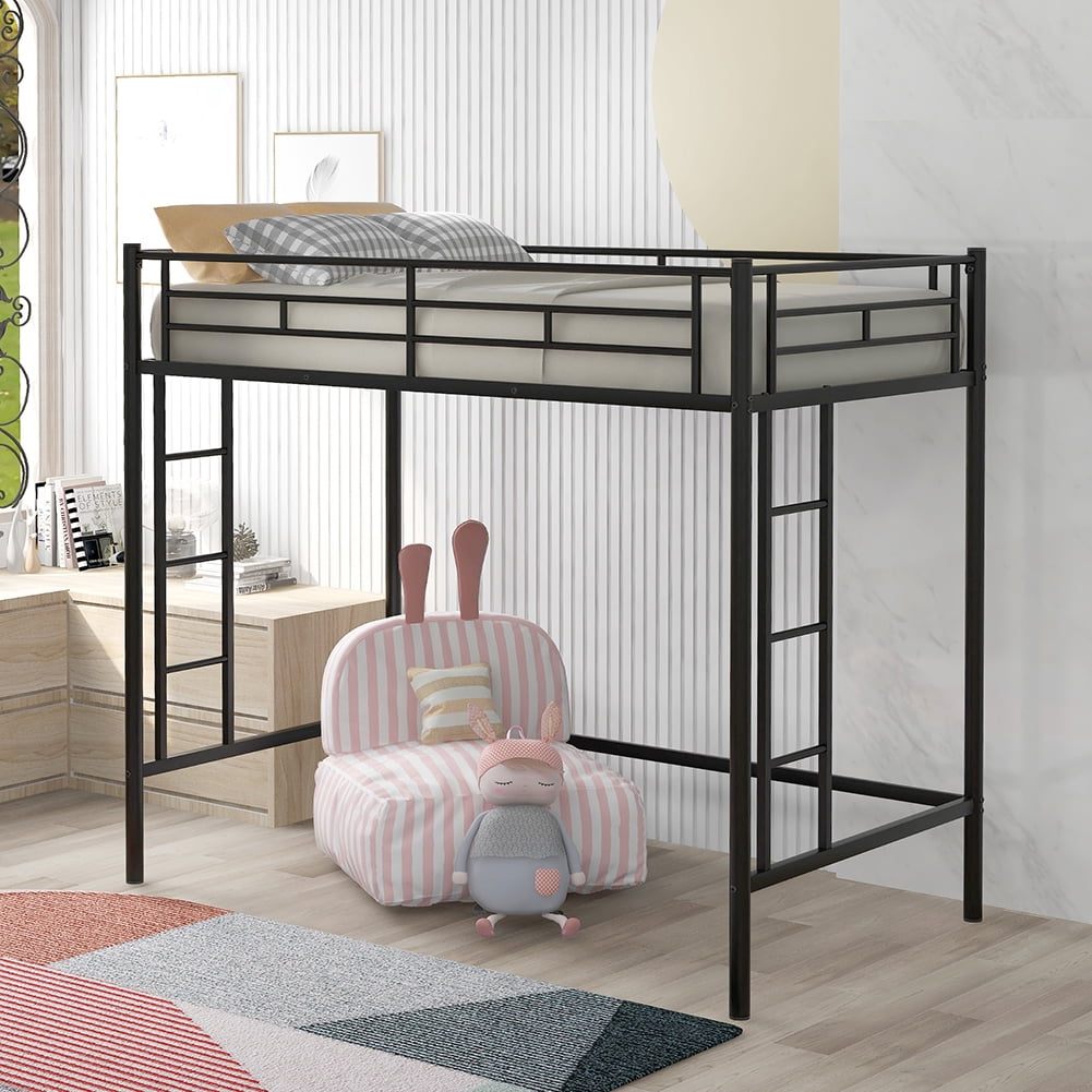 Kadyn Twin Loft Bed, Metal Bed with Rails & Ladders on Both Sides, Black