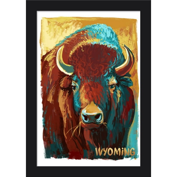 Wyoming - Bison - Vivid - Lantern Press Artwork (12x18 Giclee Art Print, Gallery Framed, Black Wood)