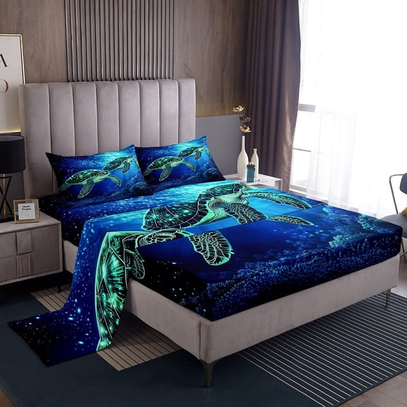 Erosebridal Sea Turtle Bed Sheets Set Twin Size, Navy Ocean Coral Bed Sheets Twin, Underwater World Decor