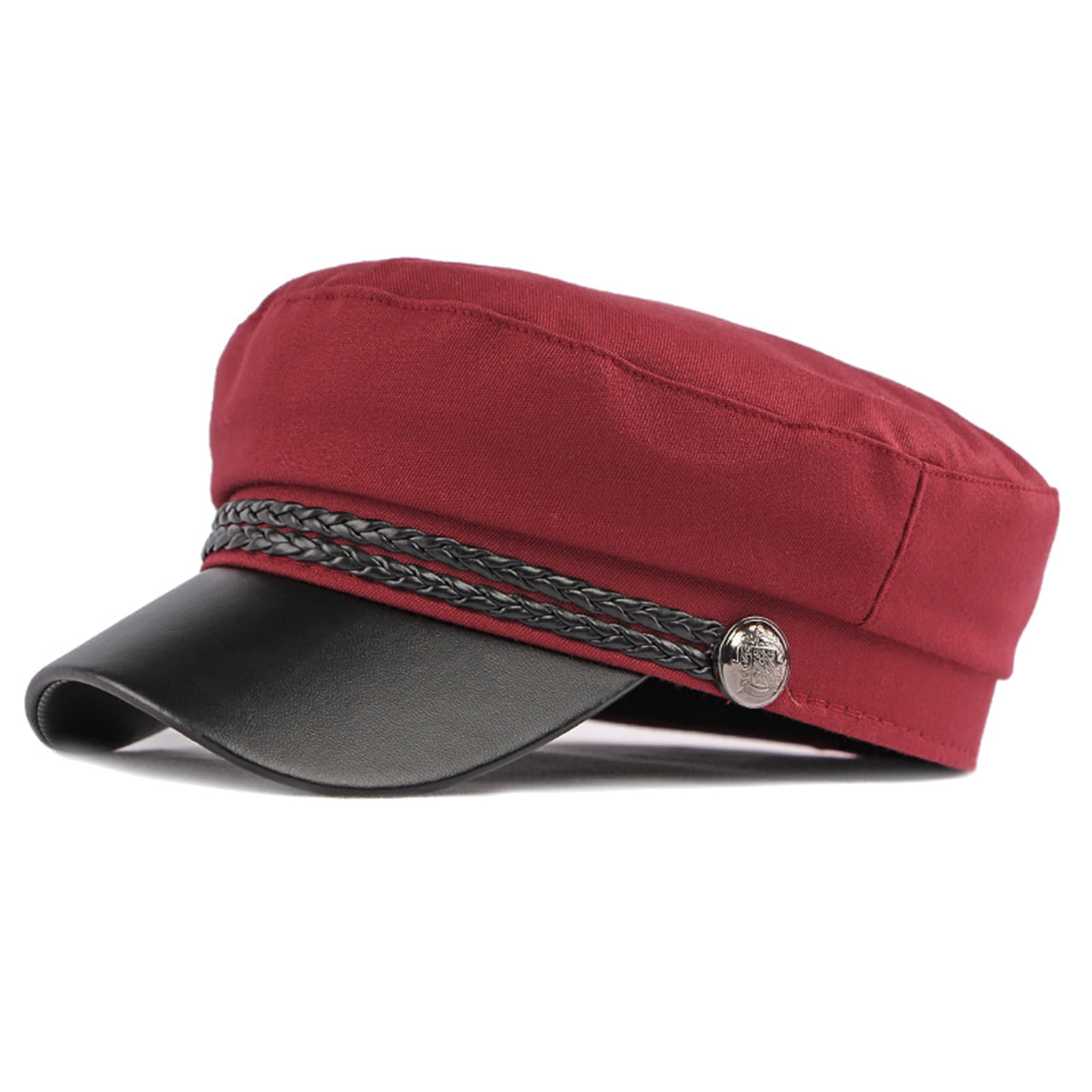 Spring Autumn Women Captain Cap Faux Leather Brim Flat Top Braided