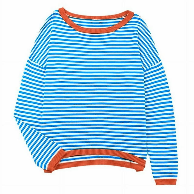 New Knitted Sweater Stripe Contrast Color Design Shoulder Long Sleeve
