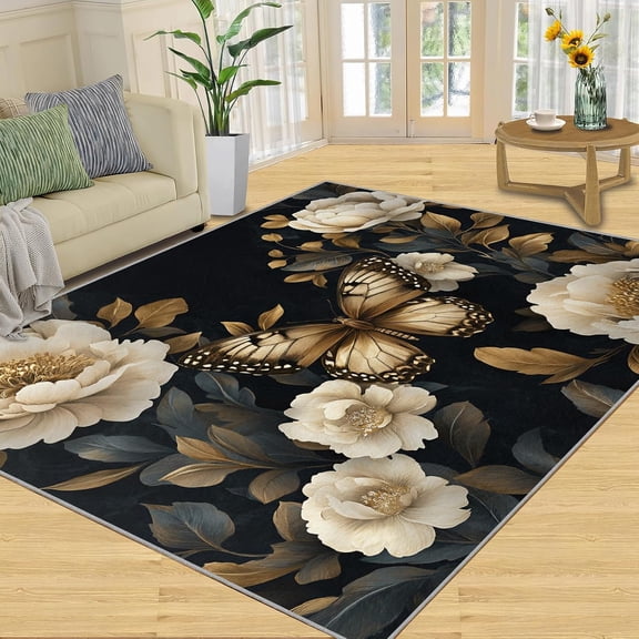 Vintage Butterfly Peony Area Rugs, Pink Floral Carpet, Washable Non Slip Low Pile Soft Rug for Living Room Bedroom Dining Room Home Office Decor Mat 2x3ft