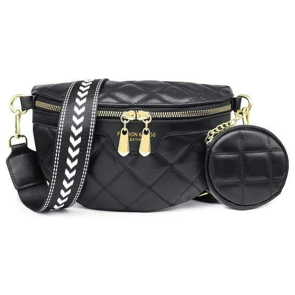 Women's PU Quilted Waist Bag with Adjustable Strap, Detachable Coin Purse, 3-Way Convertible Crossbody Bag (Black/White)