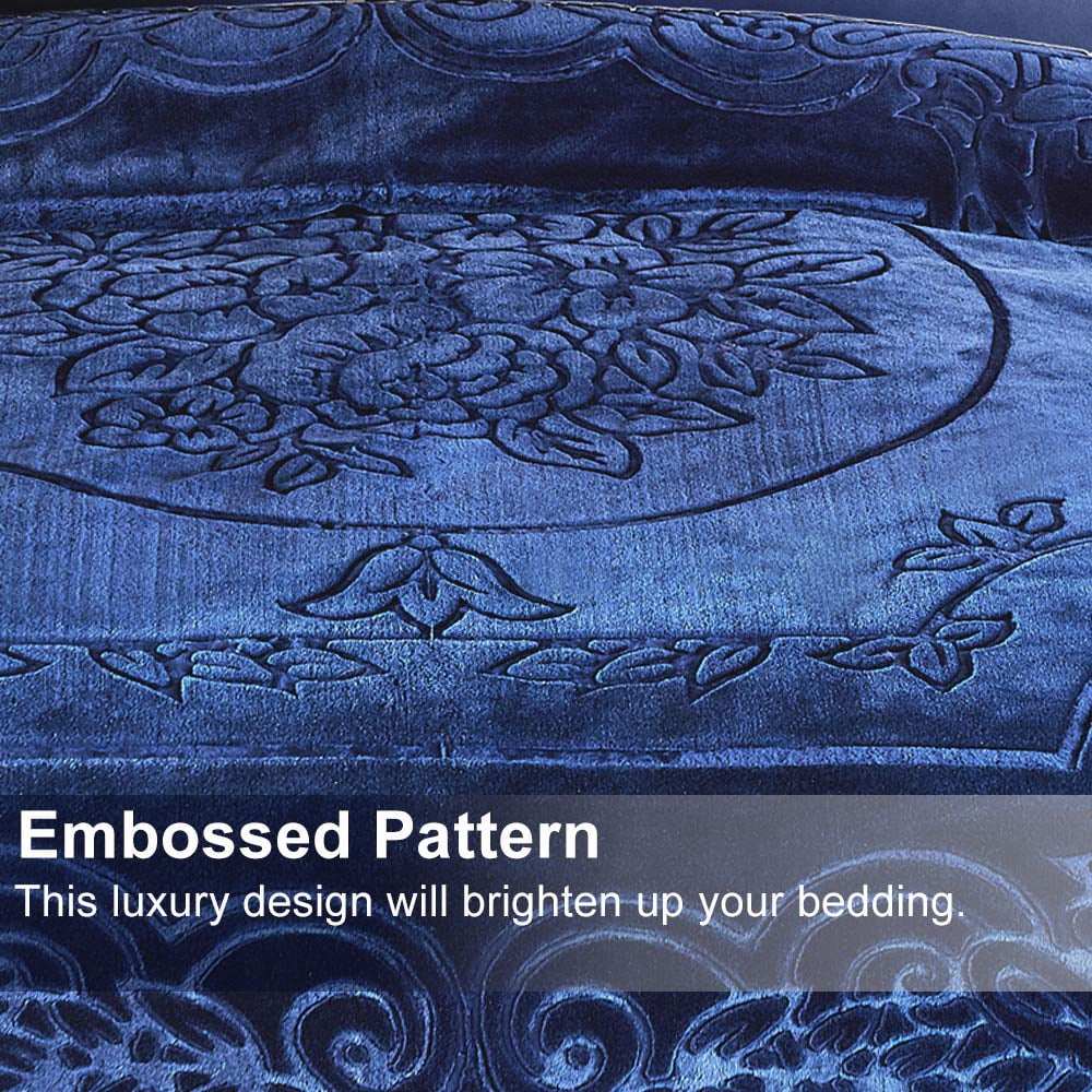 Heavy Thick Fleece Blanket King Size, 9lbs,1 Ply Silky Soft Warm Flower Embossed Raschel Winter Blanket, Minky Soft Plush Blanket for Sofa Bed, 85"x95", Navy Blue