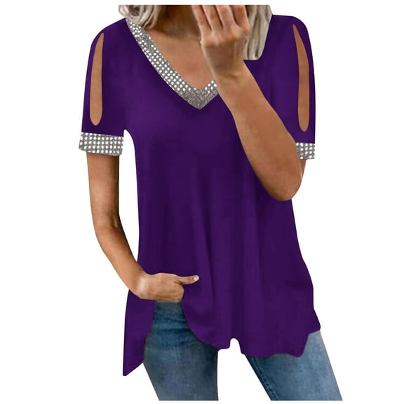 Cyber and Monday Deals Dianli Womens Blouses and Tops Dressy Short Sleeve V-Neck Solid Summer Cute Shirts Lightweight Cold Shoulder Plus Size Tunic Blouse Purple L