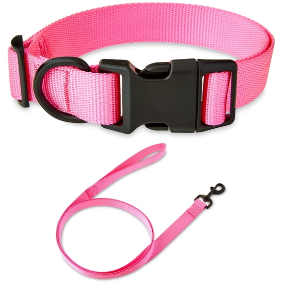 Vibrant Life Solid Polyester Adjustable Dog Collar, with 6ft Dog Leash, Pink, Large