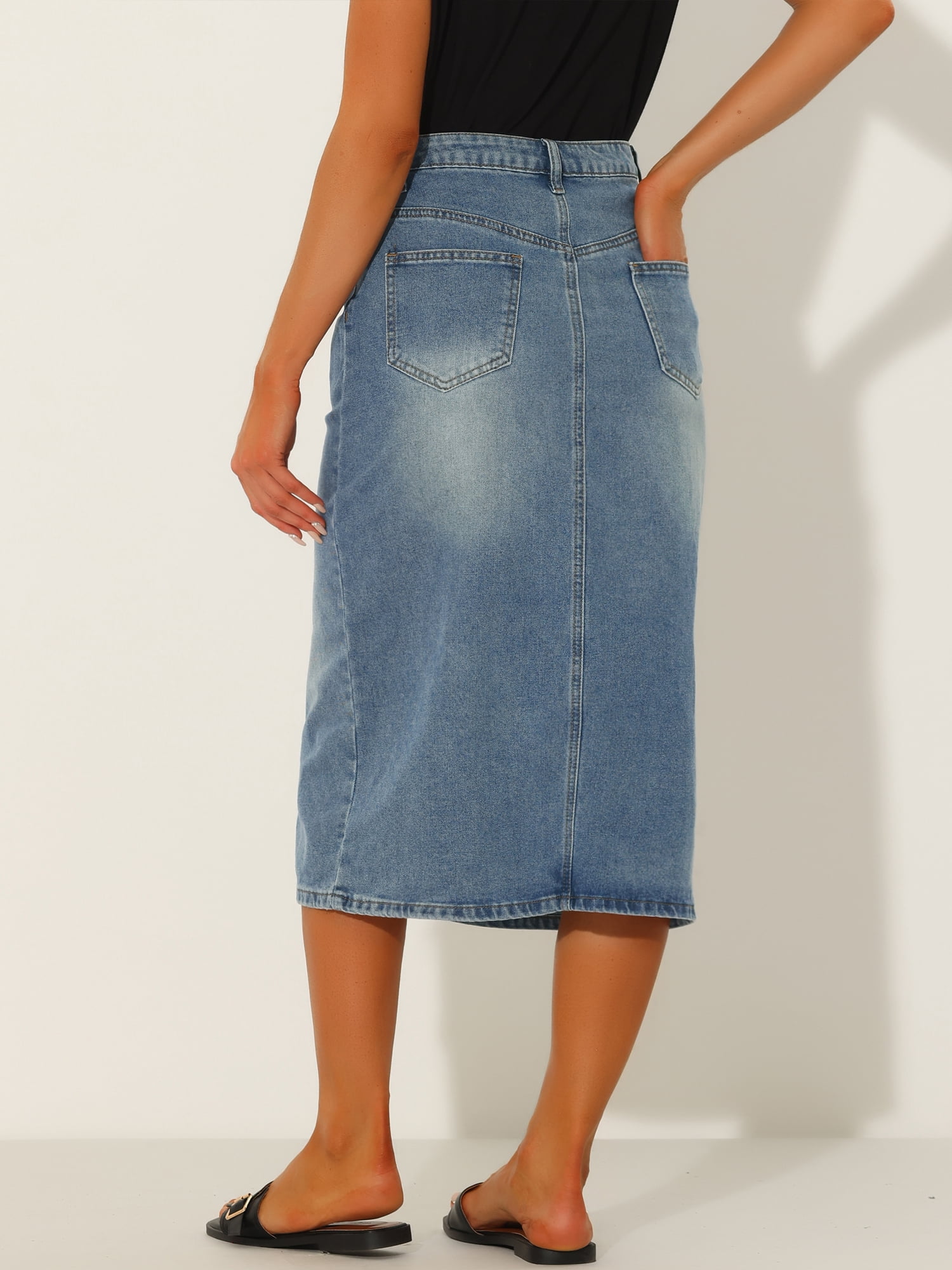 DARING DIVA Women's Slit Front Washed Jean Midi Skirts with Pockets M Grey Blue