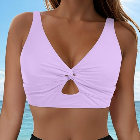 BSDJILFG Only Bikini Tops for Women Push Up Cutout Wire-Free Seamless Bra Padded V Neck Swimsuit Tops Knot Twist Hollow Cut Adjustable Tank Bathing Suits