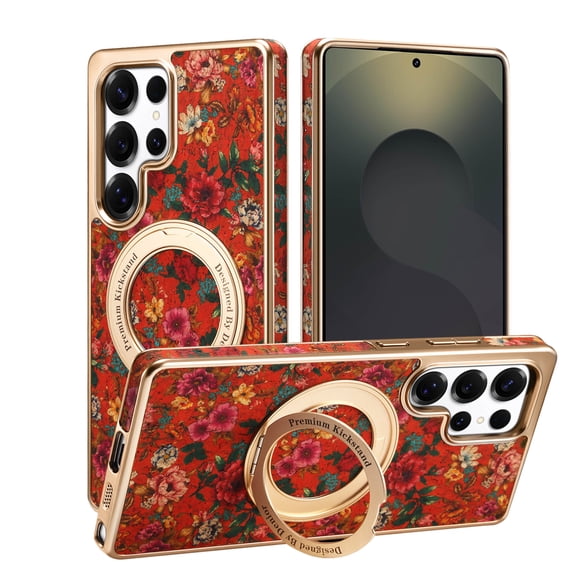 ELEHOLD For Samsung Galaxy S25 Ultra Magnetic Case , Luxury Vintage Floral Shockproof Built-in Ring Kickstand Hybrid TPU PC Cover Mag-Safe Compatible, Red
