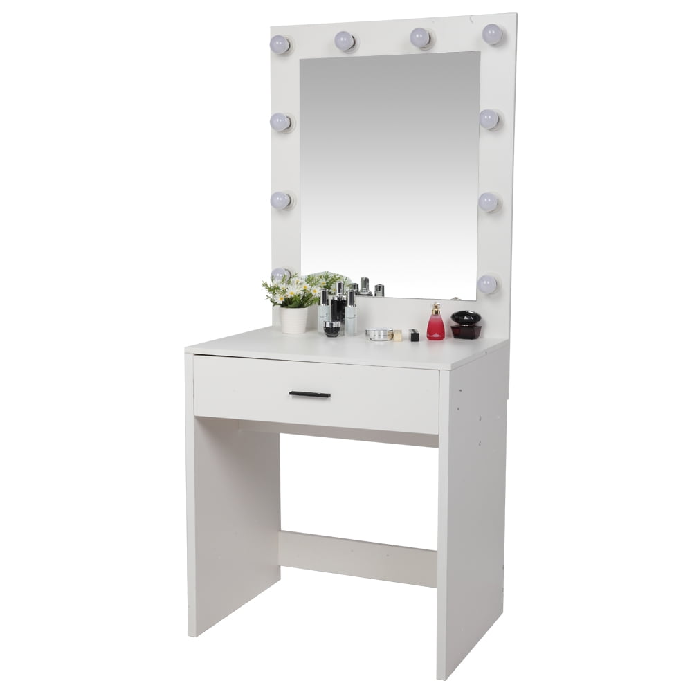 Lowestbest Pattern Dressing Table, Large-Mirror Single-Drawer Vanity Table with Warm Light, White