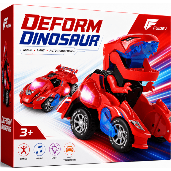 Toys for 3-6 Year Old Boys Transforming Car Toys with LED Light and Music Dinosaur Toy Birthday Gifts for 4 5 6 7 Year Old Boy, Red