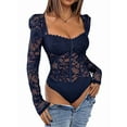 thumbnail image 3 of Women'S Sheer Floral Lace Long Sleeve Bodysuit Top Sweetheart Neck Bodysuit Dark Blue L, 3 of 9