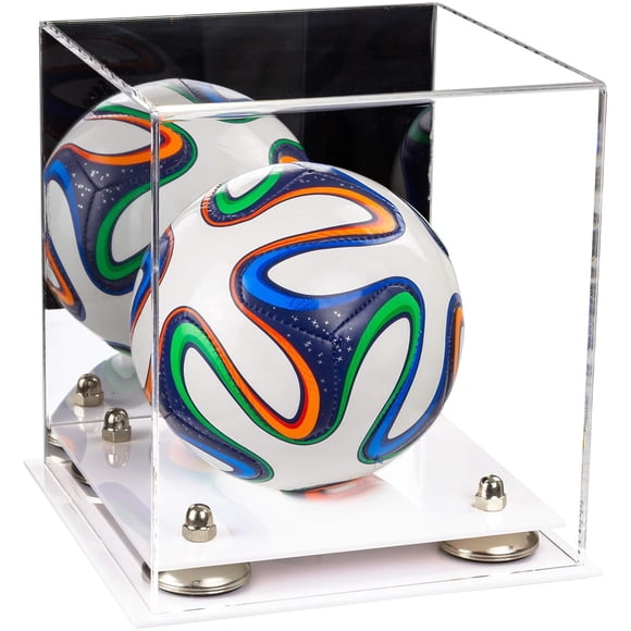Better Display Cases Acrylic Mini - Miniature (not Full Size) Soccer Ball Display Case with Mirror Case, Silver Risers and White Base (A015-SR)