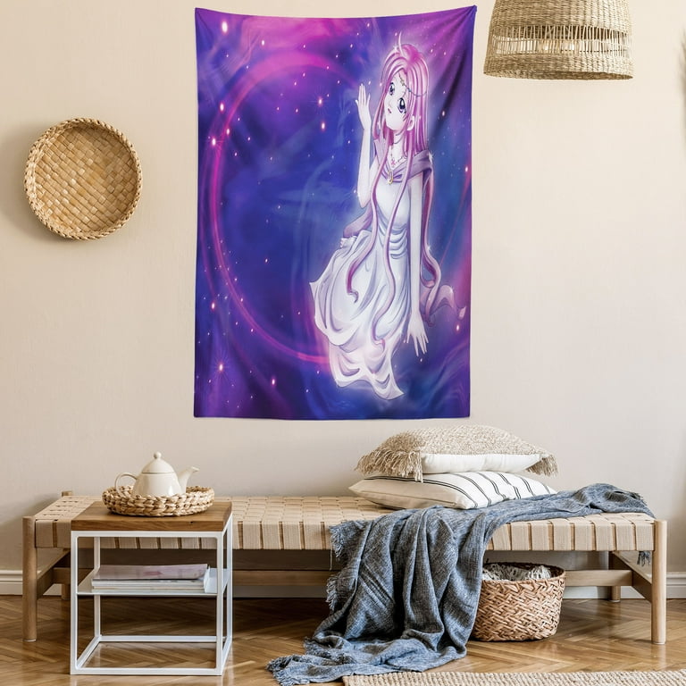 Anime Tapestry Cute Purple Anime Fairy Sitting in Theme of Zodiac Astrology Horoscope Sign Artprint Wall Hanging for Bedroom Living Room Dorm Decor