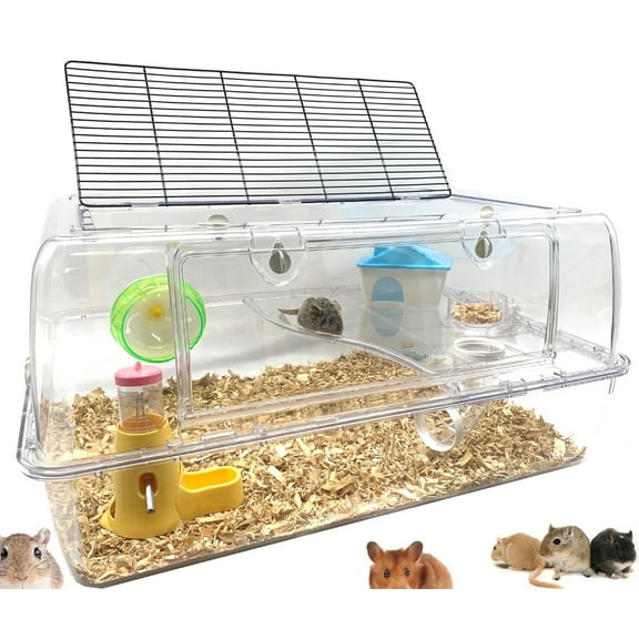 LARGE Deluxe 2-Level Acrylic Clear Hamster Mouse Palace House Hedgehog Guinea Pig Habitat with Solid Platform Ladder Running Wheel Water Bottle Tower Food Bowl Hide House Deep Base Ground