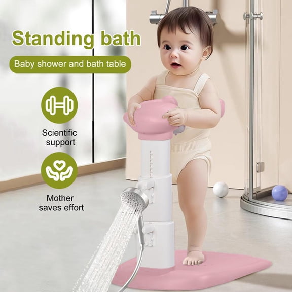 Tereitr Baby Bath Stand with Adjustable Armrest & Shower Head Holder, Height Adjustable, Collapsible Shower Rack for Infants & Toddlers (6-36 Months) (Pink)