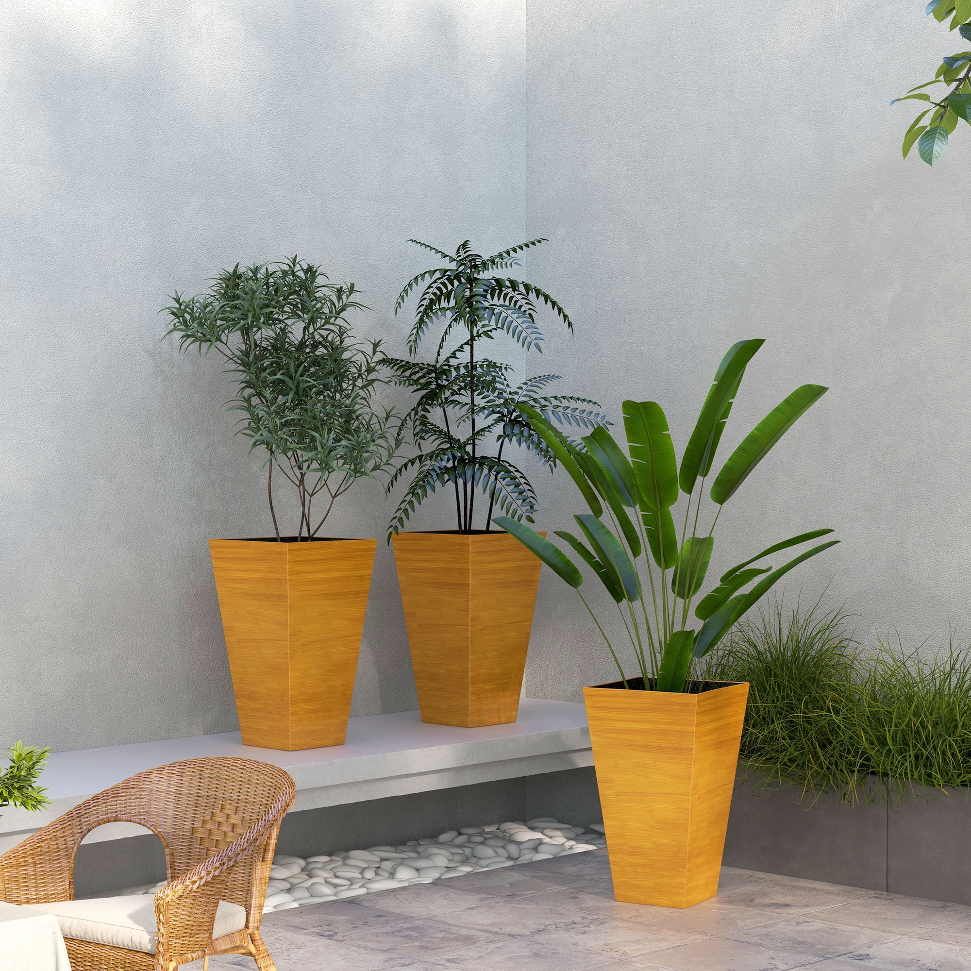 Garden Pots Outsunny 28" Tall Outdoor Planters, Set of 3 Large Taper Planters with Drainage Holes and Plug, Faux Wood Plastic Flower Pots for Outdoor, Indoor, Garden, Patio, Tan,Outdoor Garden Plant