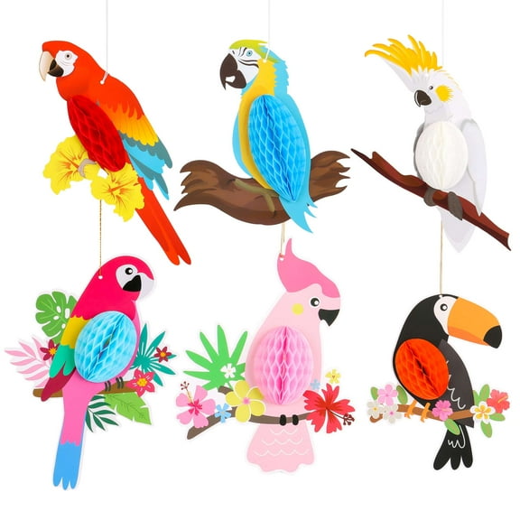 Deago 6 Pack Tropical Birds Honeycomb Paper Cutouts, Parrot Honeycomb, Hawaiian Summer Beach Luau Party Hanging Decorations for Tiki Bar Home Classroom Supplies