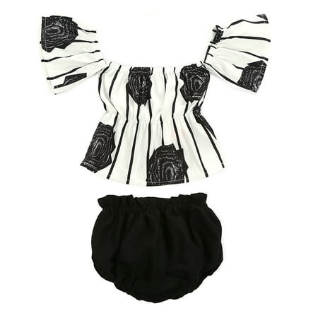 - stylesilove Baby Girl Flower Stripe Print Off Shoulder Sunsuit With Bloomers 2 Pcs Set (80/12-18 Months)