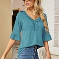 thumbnail image 2 of Camiseta Casual Falbala Cuello en V Media Manga Acampanada Tops Sueltos Básicos de Moda para Mujer, 2 of 6