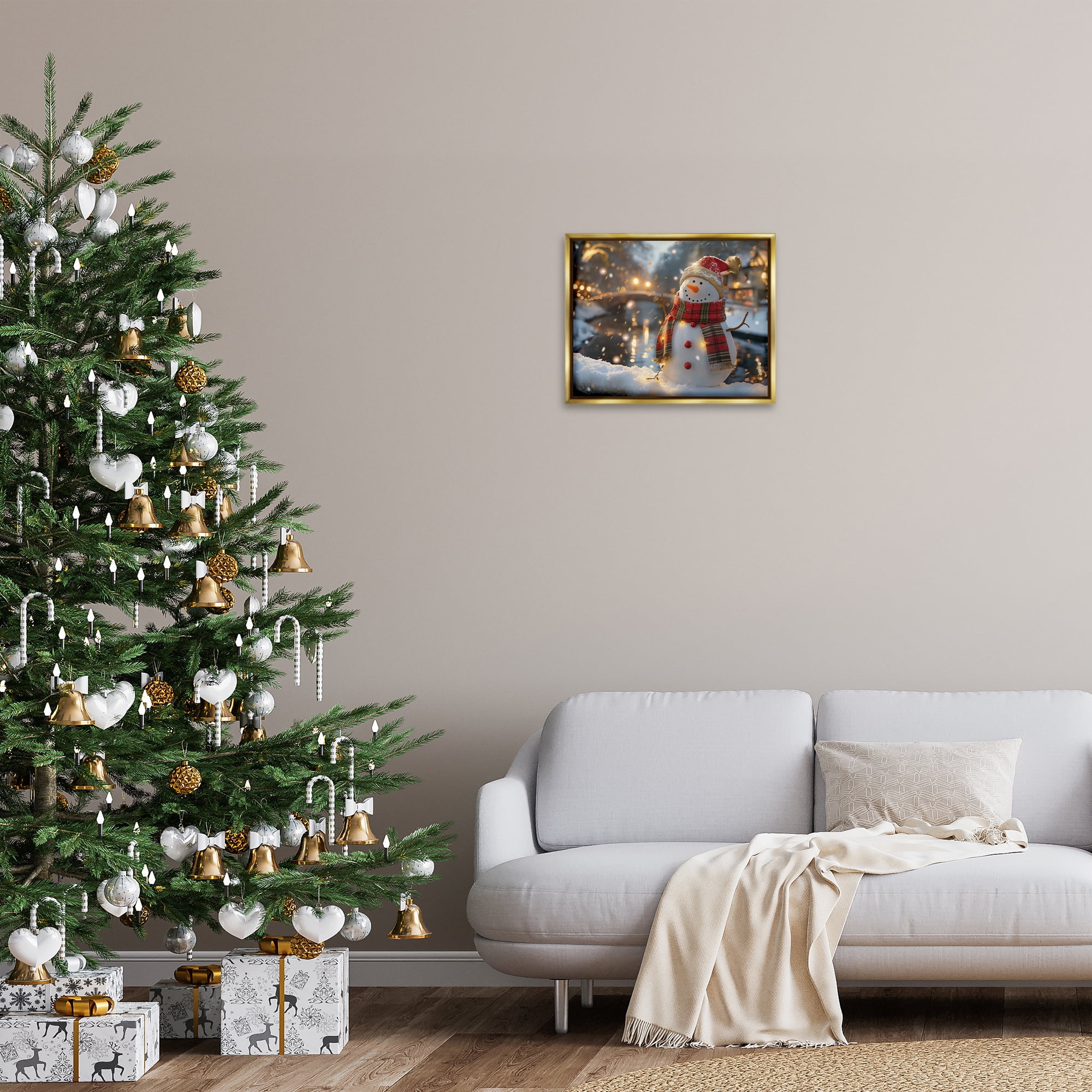 Stupell Industries Snowman Windy Winter Scene Holiday Painting Gold Floater Framed Canvas Art Prints Wall Art, 21 x 17
