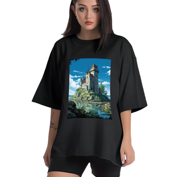 Plus Size Shirt for Women Black Tops for Women Short Sleeves Shirt for Women Castle (61） T Shirt Crewneck Shirt for Women XS
