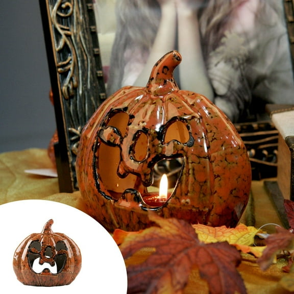 Halloween Candle Holders Table Decoration Tealight Votive Candle Holders with Grimace Ceramic Hollowed-out Pumpkin Candlestick Party Window Props Decoration